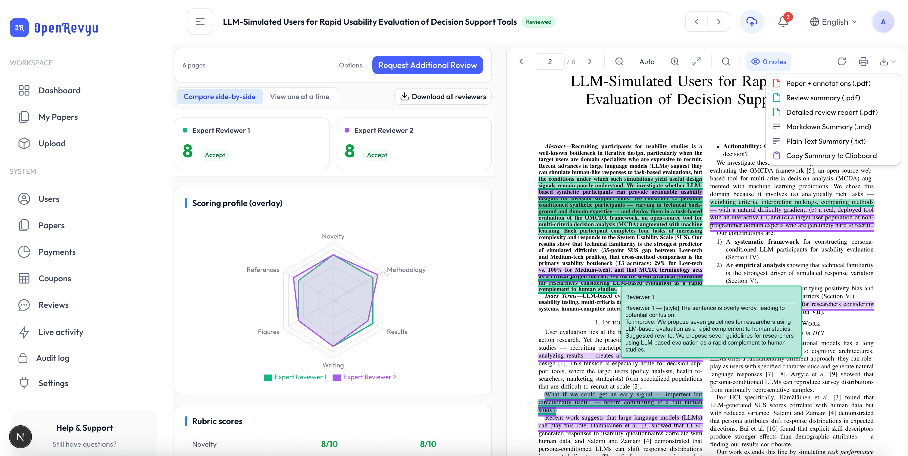 Compare two expert reviews of the same paper side-by-side — overall scores, decisions, and rubric profiles overlaid on a radar chart