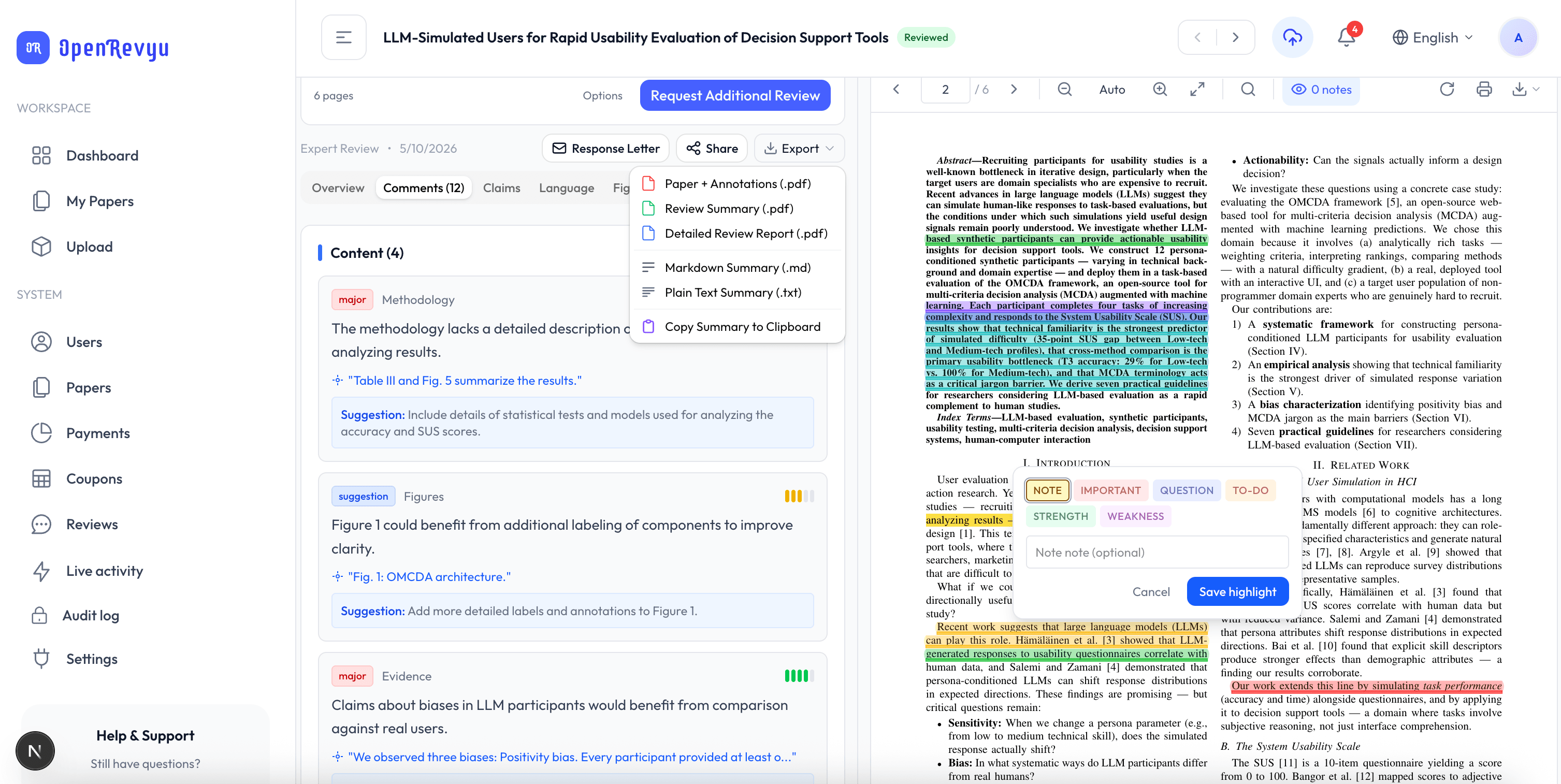 Expert review of a research paper — annotated PDF with inline comments and quoted passages