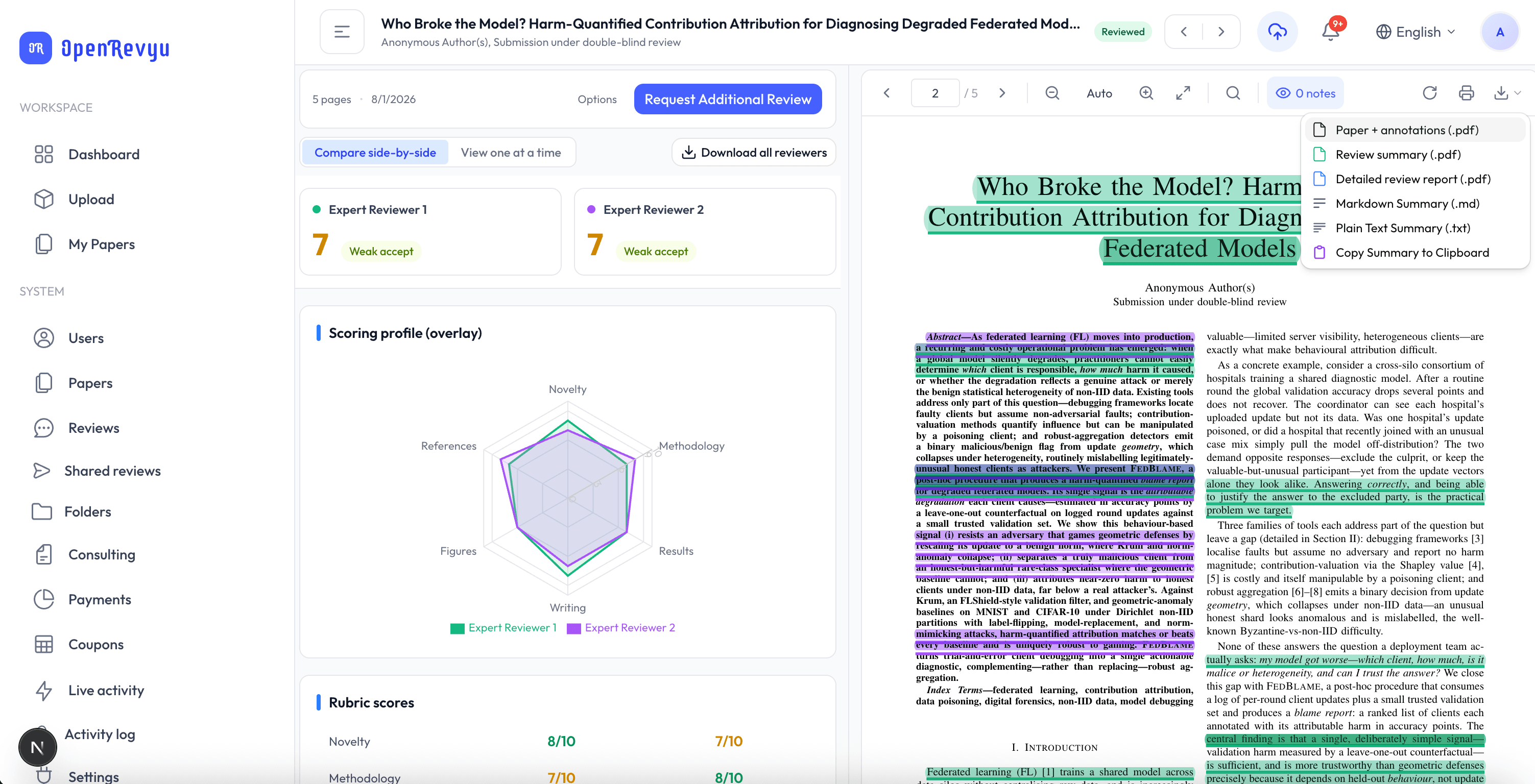 Run multiple AI reviews on the same paper: different providers or configurations reviewing in parallel, results listed together for the author to compare